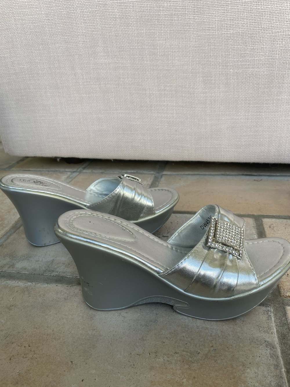 Bolaro by Summer Rio - Silver Wedged Slide Sandal Mule + Embellished Buckle